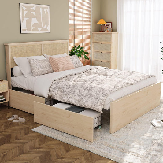 Queen Bed Frame with Natural Rattan Headboard