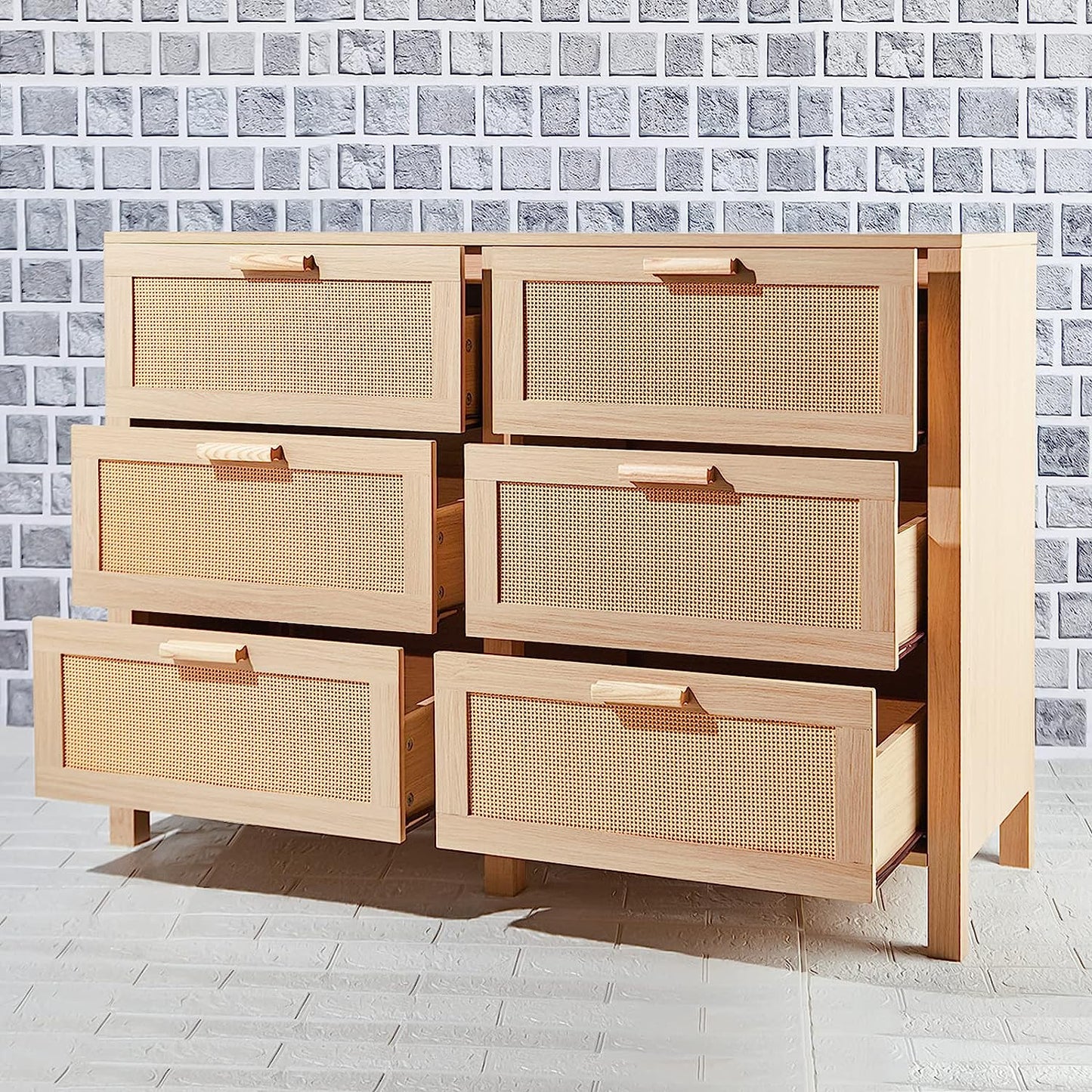 Rattan Dresser, Rattan Chest of Drawers, Closet Storage Oak Drawer Chest for Bedroom, 2 to 6 Rattan Drawers, Rattan Dresser for Bedroom