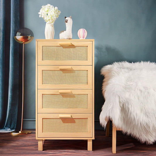 Rattan Dresser, Rattan Chest of Drawers, Closet Storage Oak Drawer Chest for Bedroom, 2 to 6 Rattan Drawers, Rattan Dresser for Bedroom