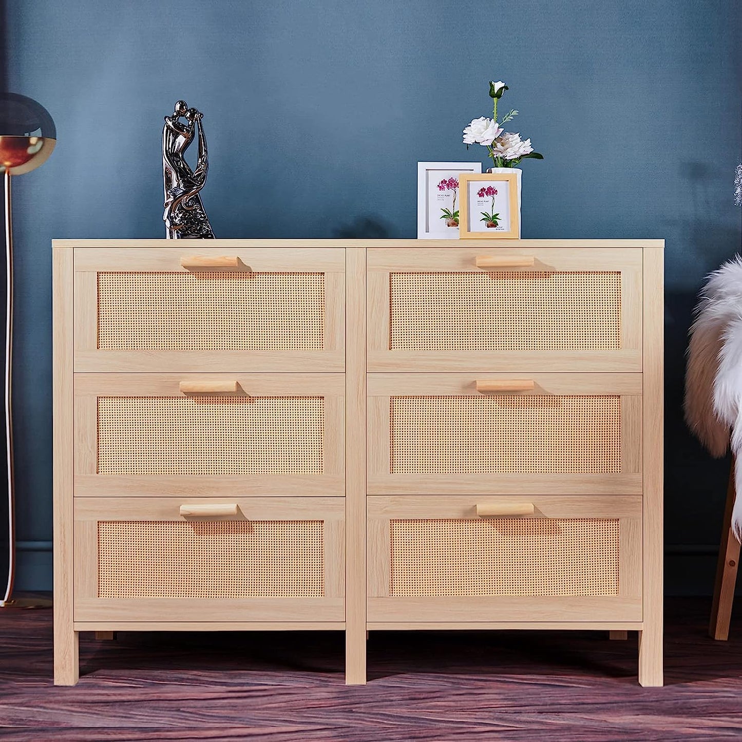 Rattan Dresser, Rattan Chest of Drawers, Closet Storage Oak Drawer Chest for Bedroom, 2 to 6 Rattan Drawers, Rattan Dresser for Bedroom