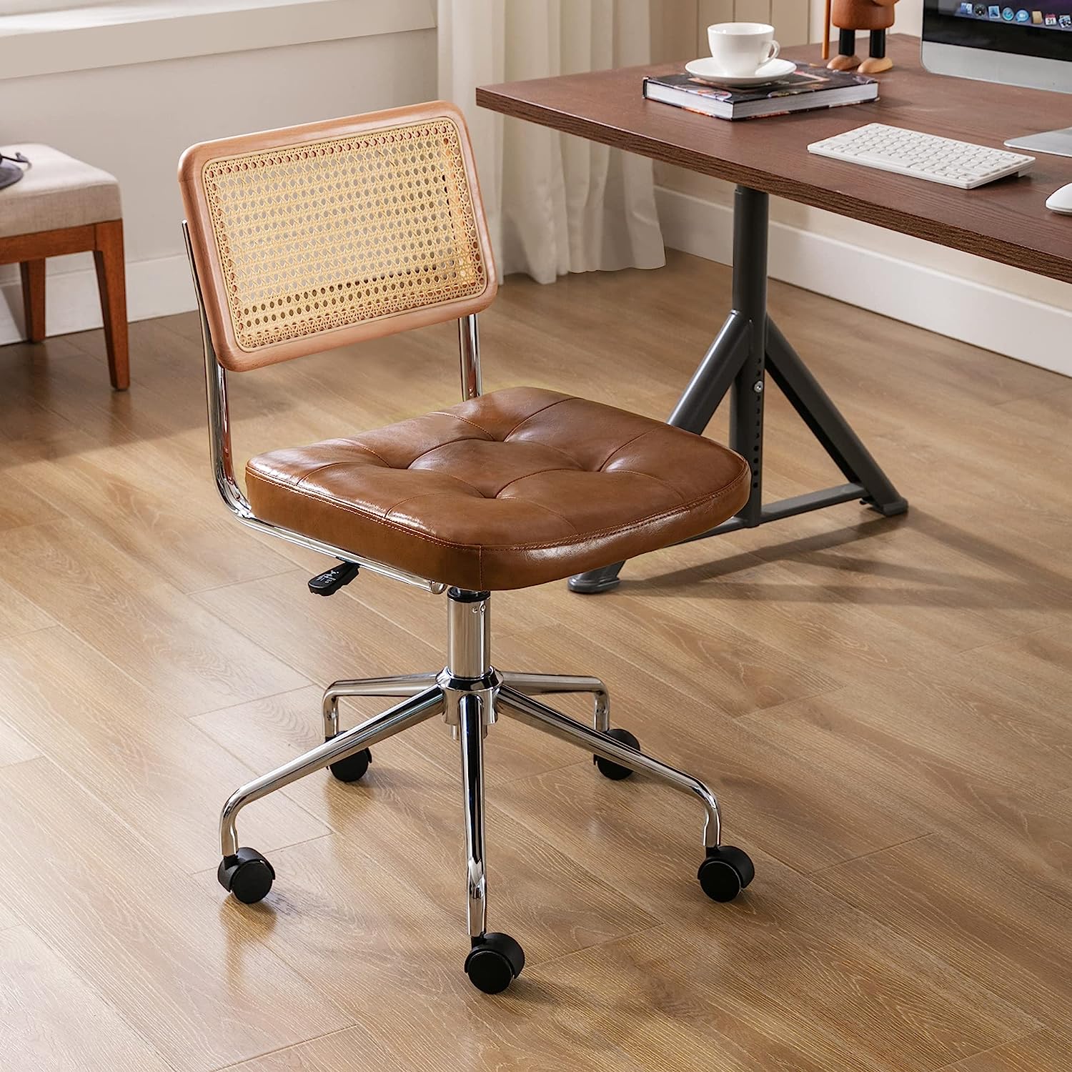 Leather Desk Chair with Rattan Back, Rattan Office Chair, Leather Office Chair, Upholstered Tufted Swivel Chair, Mid Century Office Chair