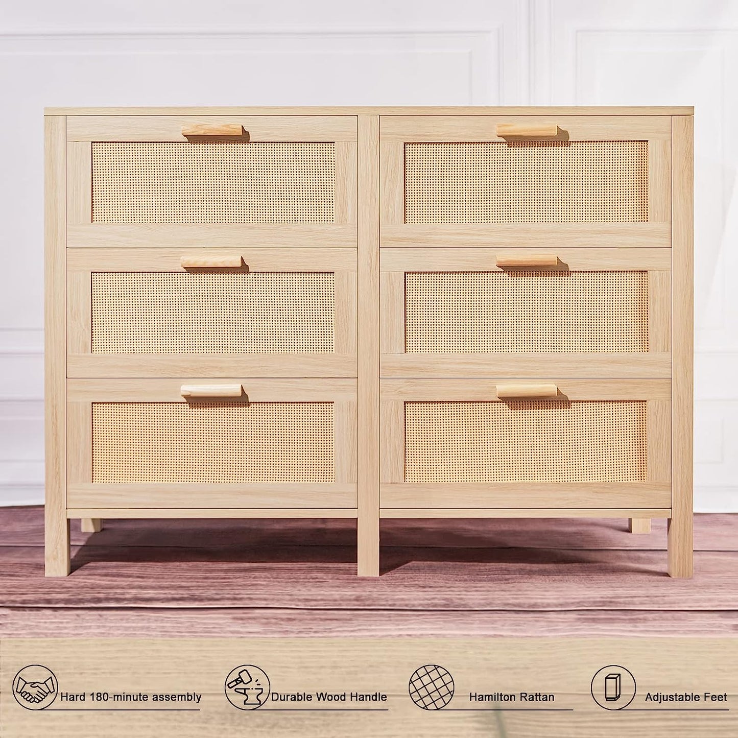 Rattan Dresser, Rattan Chest of Drawers, Closet Storage Oak Drawer Chest for Bedroom, 2 to 6 Rattan Drawers, Rattan Dresser for Bedroom