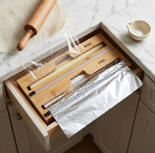 2-in-1 Bamboo Wrap Dispenser with Cutter and Labels