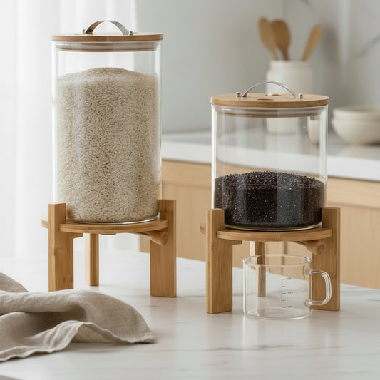 Two cylindrical glass containers with wooden stands on a kitchen counter.