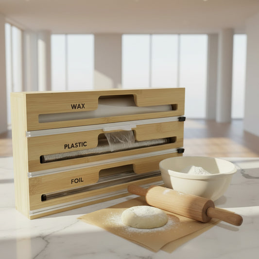 Wooden kitchen roll holder with labeled compartments on a kitchen counter.