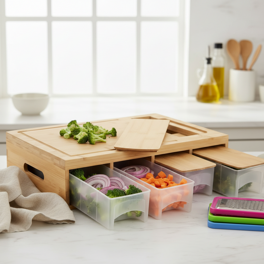 Wooden kitchen organizer with drawers and detachable grating plates on a white background