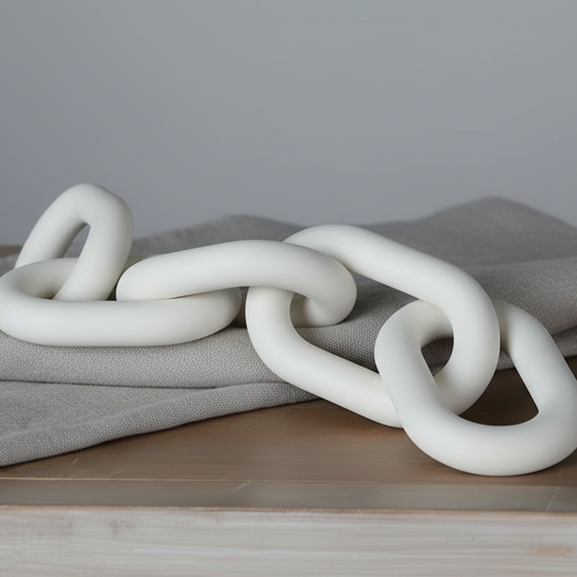 White chain on a wooden surface with a blurred background