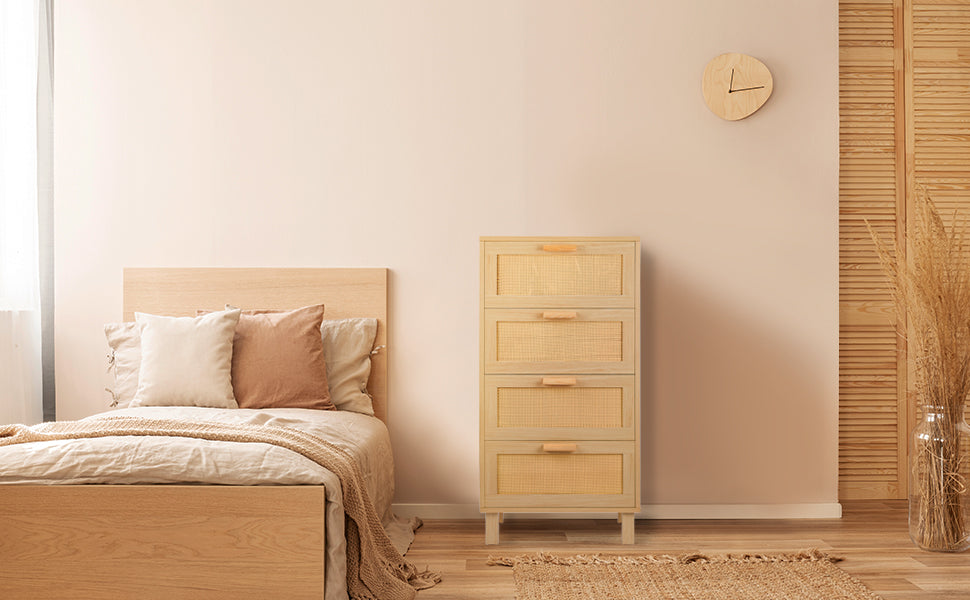 Rattan Dresser, Rattan Chest of Drawers, Closet Storage Oak Drawer Chest for Bedroom, 2 to 6 Rattan Drawers, Rattan Dresser for Bedroom