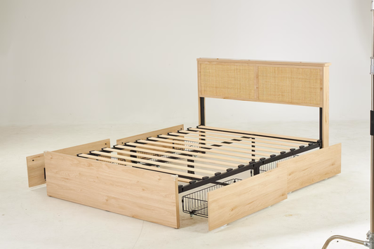Queen Bed Frame with Natural Rattan Headboard