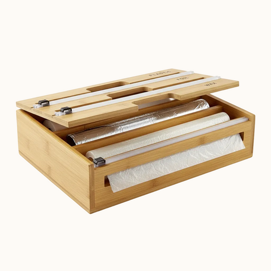 Wrap Dispenser with Cutter and Labels, Plastic Wrap, Aluminum Foil and Wax Paper Dispenser for Kitchen Drawer, Bamboo Roll Organizer Holder