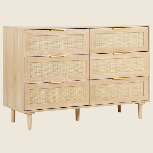 Wooden dresser with rattan drawers on a beige background