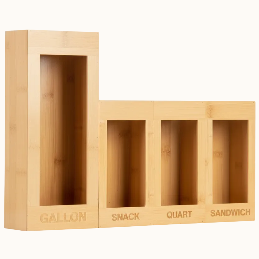 Bag Storage Organizer for Kitchen Drawer, Bamboo Organizer, Compatible with Gallon, Quart, Sandwich and Snack Variety Size Bag (4 Pack)