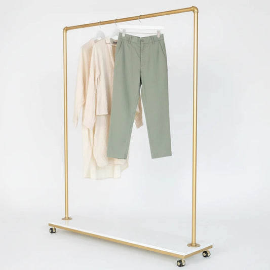 Gold Metal Clothing Rack with Wood Shelf, Heavy Duty Rolling Garment Rack with Wheels for Bedroom Retail Boutique Use