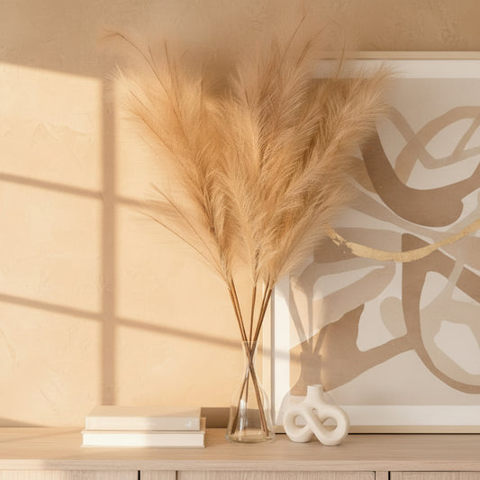 Pampas Grass Decor, 4 Pcs Faux Pampas Grass Plants, 32 inch Artificial Fluffy Tall Pampas Grass for Floor Vase, Pompass Grass Branches, Pompous Grass, Pampass Grass, Pompas Grass (Natural Brown)