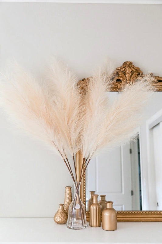 Pampas Grass Decor, 4 Pcs Faux Pampas Grass Plants, 32 inch Artificial Fluffy Tall Pampas Grass for Floor Vase, Pompass Grass Branches, Pompous Grass, Pampass Grass, Pompas Grass (Cream)