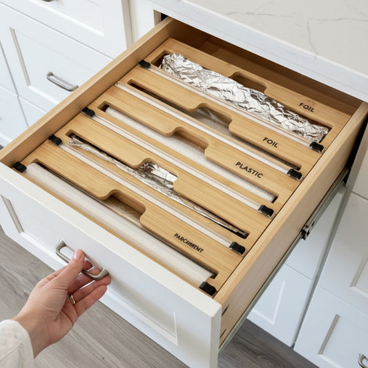 Wrap Dispenser with Cutter and Labels, Plastic Wrap, Aluminum Foil and Wax Paper Dispenser for Kitchen Drawer, Bamboo Roll Organizer Holder