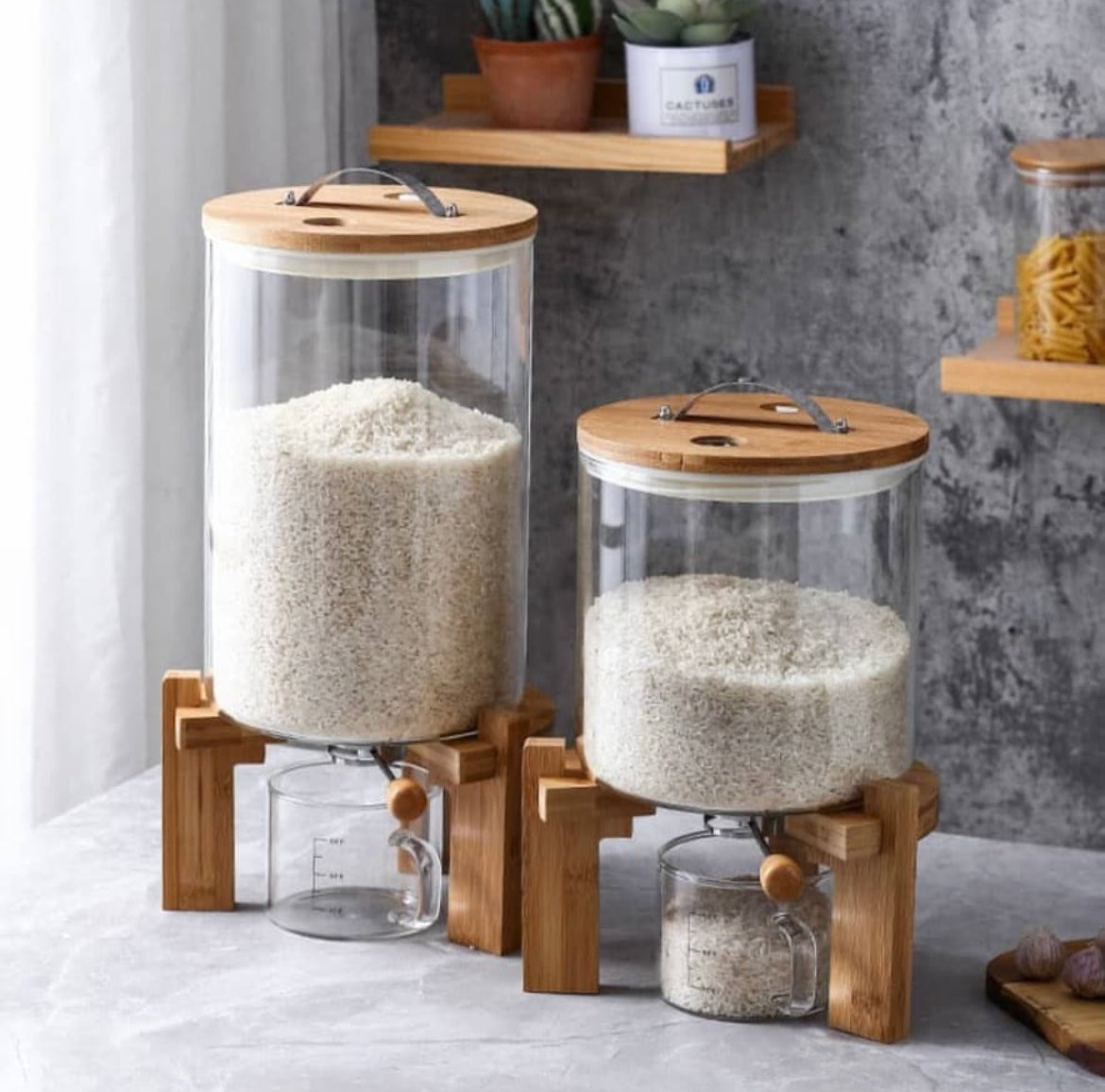 Rice Dispenser, Food Storage Containers, Glass Cereal Container with Airtight Bamboo Lids & Wooden Stand, Kitchen and Pantry Organization Edit alt text