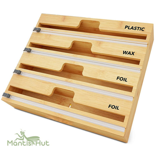 Wrap Dispenser with Cutter and Labels, Plastic Wrap, Aluminum Foil and Wax Paper Dispenser for Kitchen Drawer, Bamboo Roll Organizer Holder