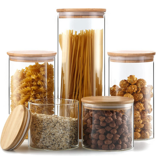 Glass Food Storage Containers with Airtight Bamboo Lids, Spice Jars, Bamboo Kitchen Organizers, Glass Canisters for Kitchen & Pantry