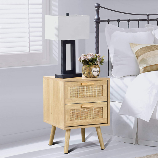 Rattan Nightstand, Tall Nightstand with Drawer, Modern Wood End Table, Side Table with Storage, Nightstand for Bedroom