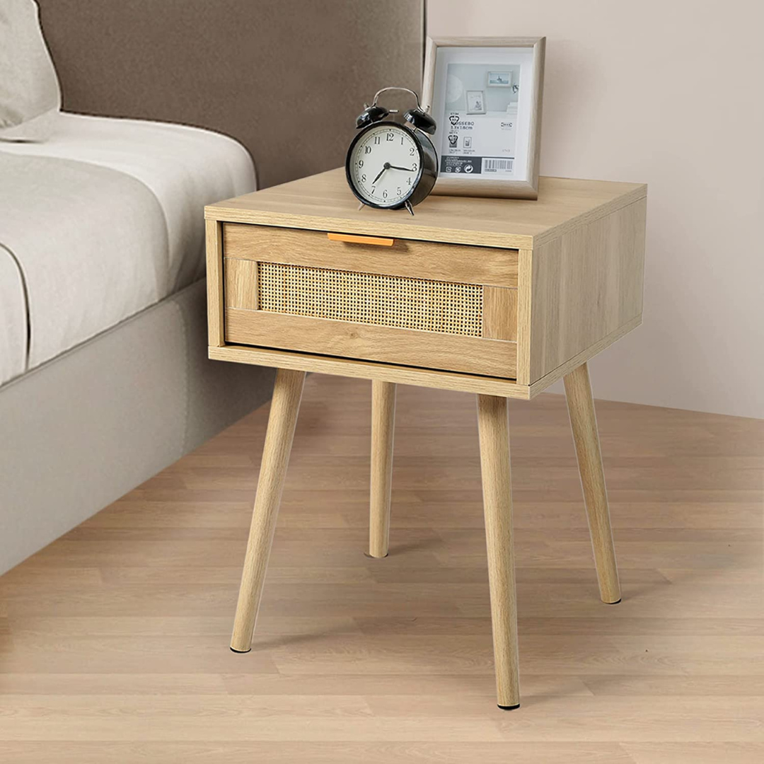 Rattan Nightstand, Tall Nightstand with Drawer, Modern Wood End Table, Side Table with Storage, Nightstand for Bedroom