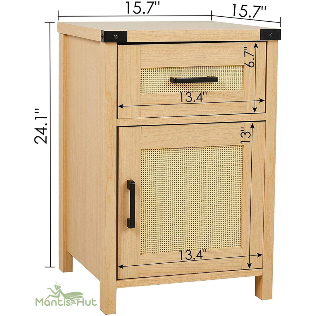 Rattan Nightstand Set of 2, Tall Nightstand with Drawer, Modern Wood End Table, Side Table with Storage, Nightstand for Bedroom