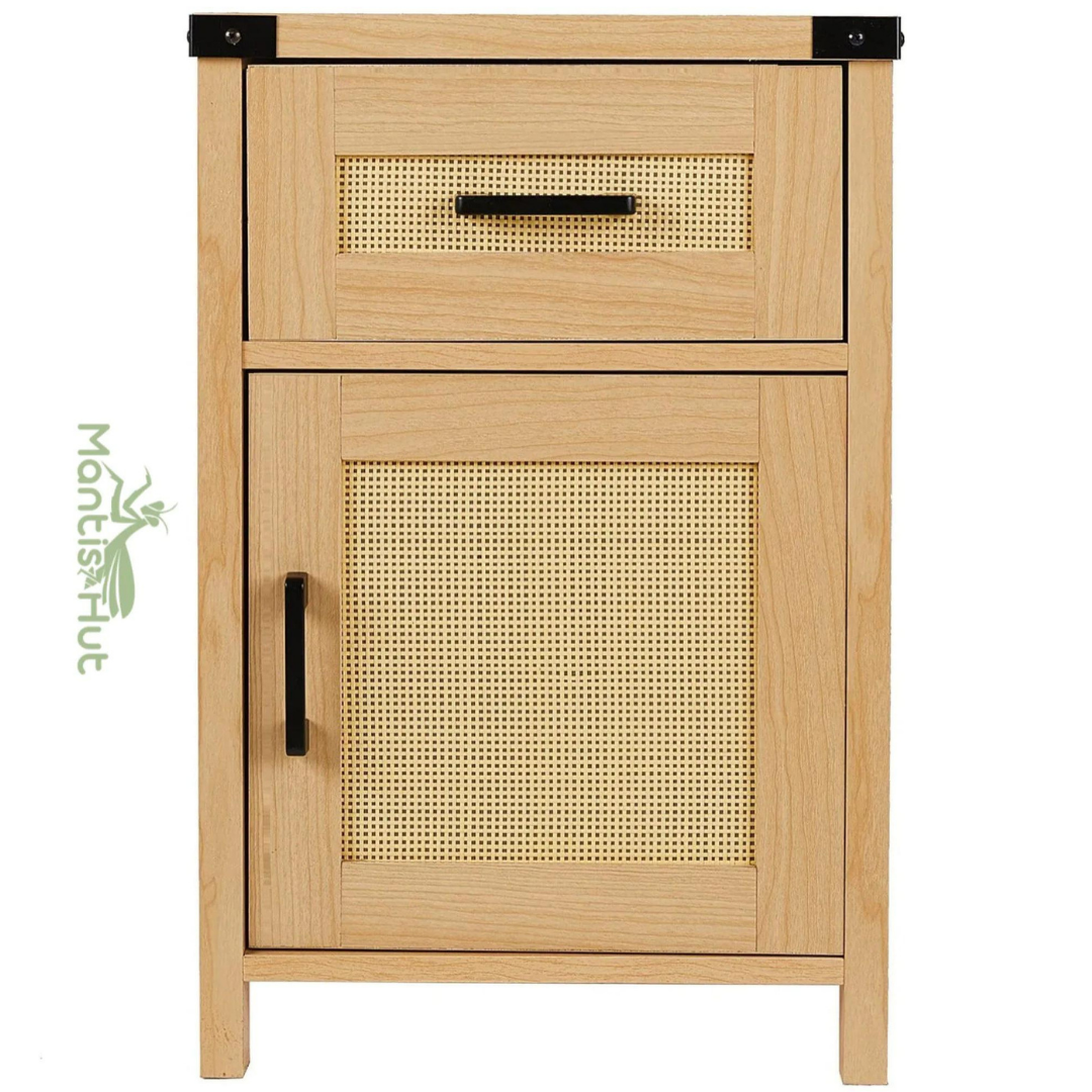Rattan Nightstand Set of 2, Tall Nightstand with Drawer, Modern Wood End Table, Side Table with Storage, Nightstand for Bedroom