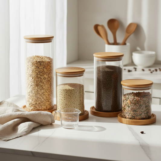 Glass Food Storage Containers with Airtight Bamboo Lids, Spice Jars, Bamboo Kitchen Organizers, Glass Canisters for Kitchen & Pantry