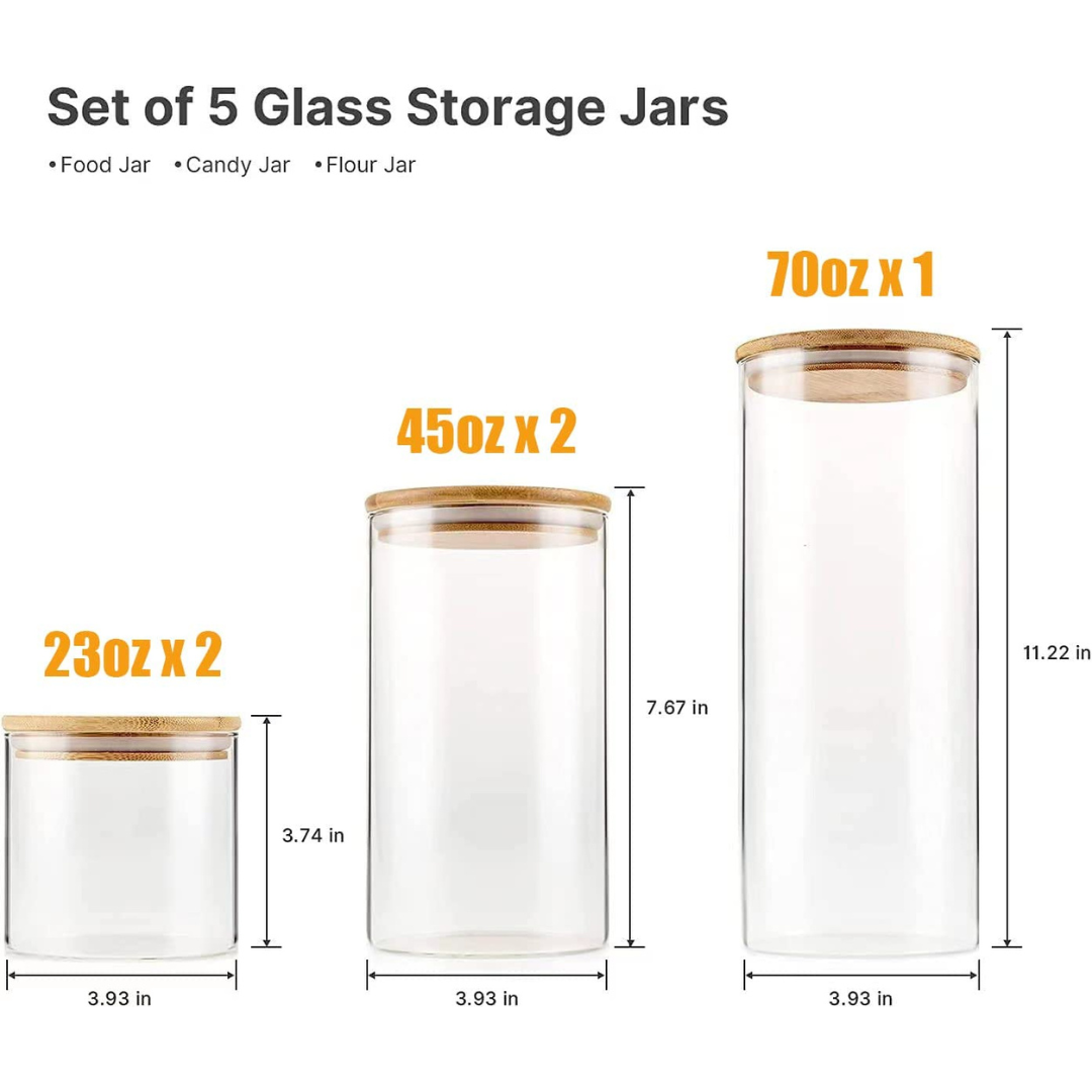 Glass Food Storage Containers with Airtight Bamboo Lids, Spice Jars, Bamboo Kitchen Organizers, Glass Canisters for Kitchen & Pantry
