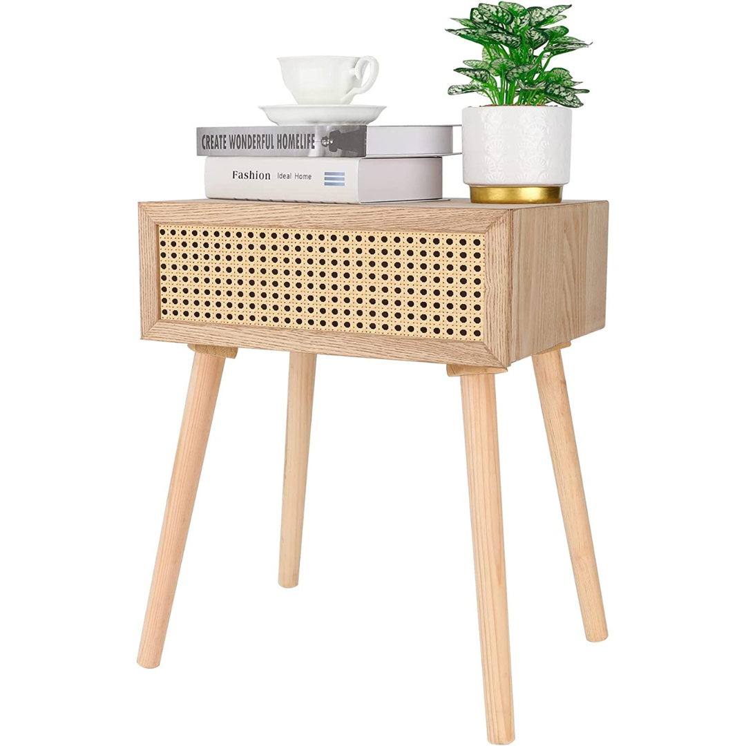 Rattan Nightstand, Tall Nightstand with Drawer, Modern Wood End Table, Side Table with Storage, Nightstand for Bedroom