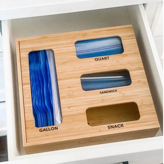 Bag Storage Organizer for Kitchen Drawer, Bamboo Organizer, Compatible with Gallon, Quart, Sandwich and Snack Variety Size Bag (4 Pack)