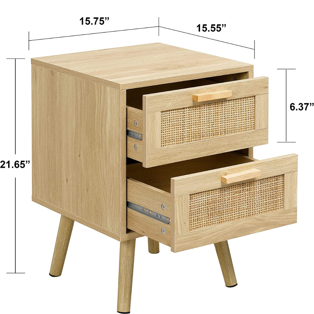 Rattan Nightstand, Tall Nightstand with Drawer, Modern Wood End Table, Side Table with Storage, Nightstand for Bedroom