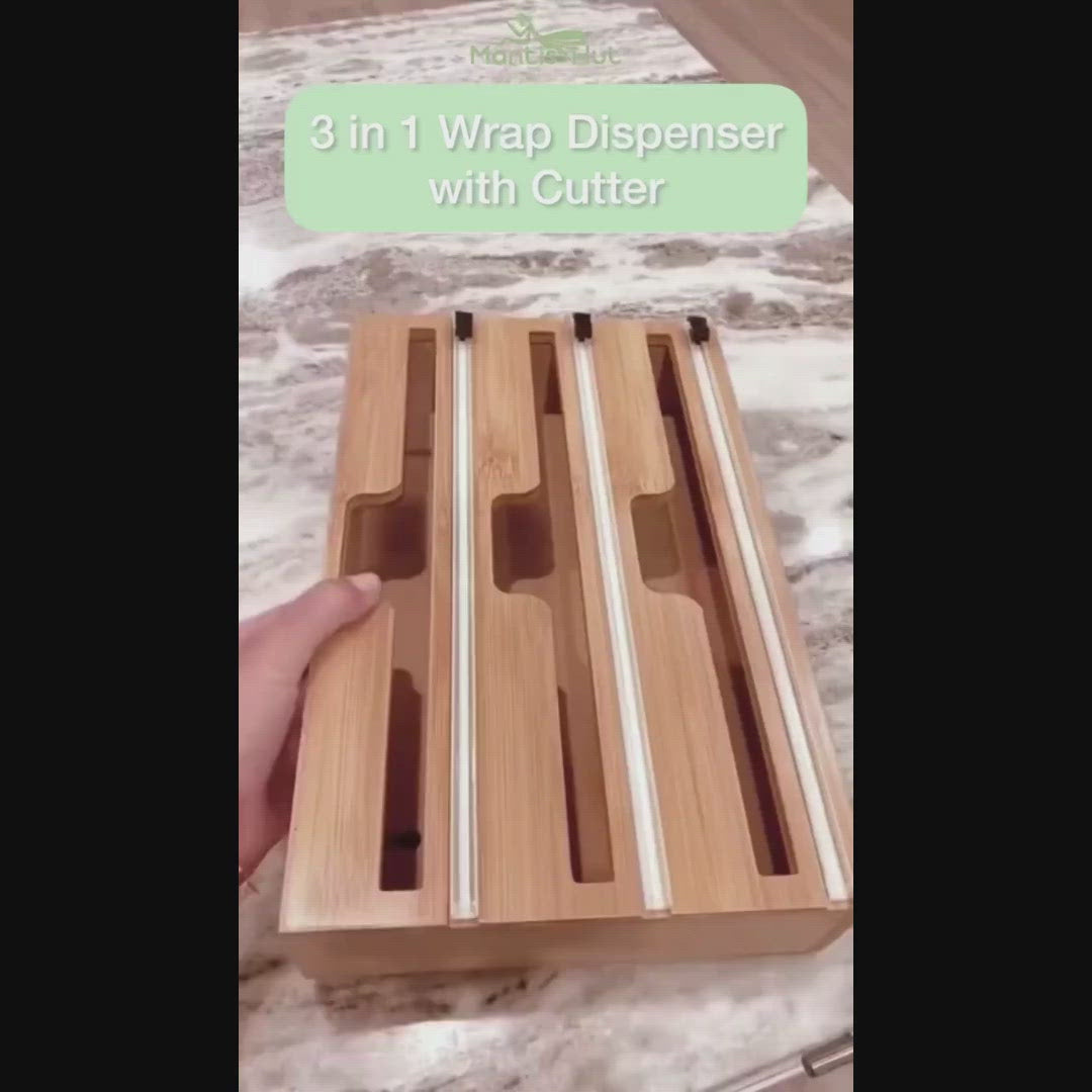 Wrap Dispenser with Cutter and Labels, Plastic Wrap, Aluminum Foil and Wax Paper Dispenser for Kitchen Drawer, Bamboo Roll Organizer Holder
