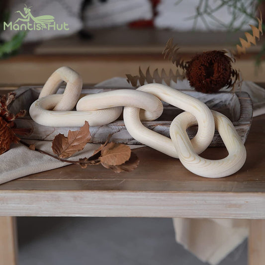 Wood Chain Link Decor, Hand Carved Pine Wood Chain Decor, Modern Farmhouse Decor Set, Wood Chain Link and Bead Garland Set, 21.6 inches link