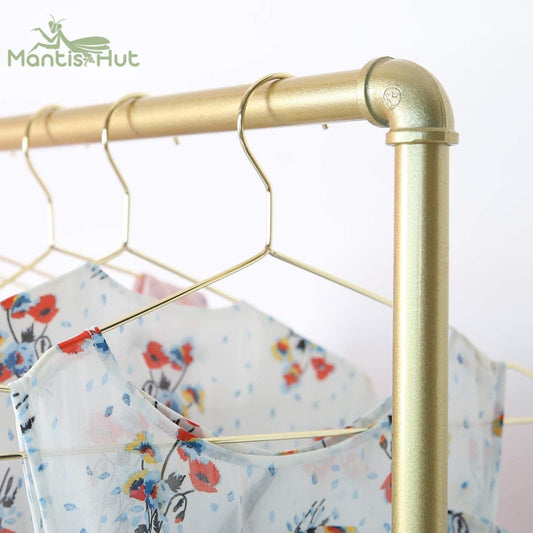 Gold Metal Clothing Rack with Wood Shelf, Heavy Duty Rolling Garment Rack with Wheels for Bedroom Retail Boutique Use