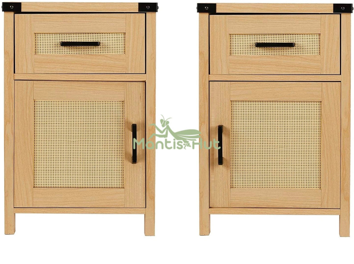 Rattan Nightstand Set of 2, Tall Nightstand with Drawer, Modern Wood End Table, Side Table with Storage, Nightstand for Bedroom