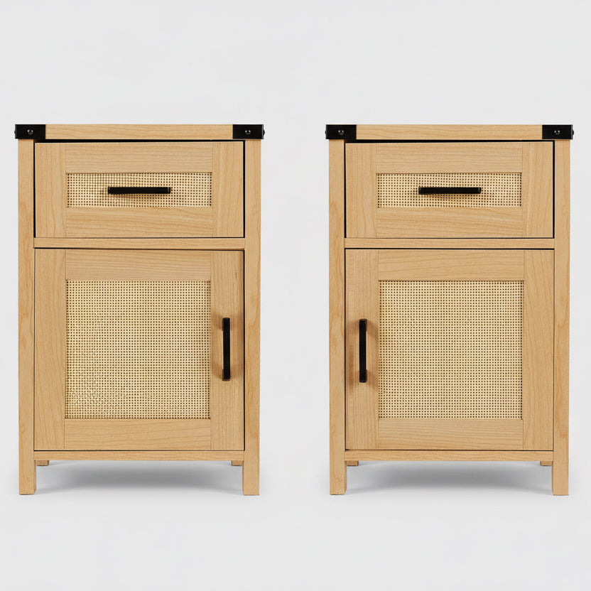 Rattan Nightstand Set of 2, Tall Nightstand with Drawer, Modern Wood End Table, Side Table with Storage, Nightstand for Bedroom