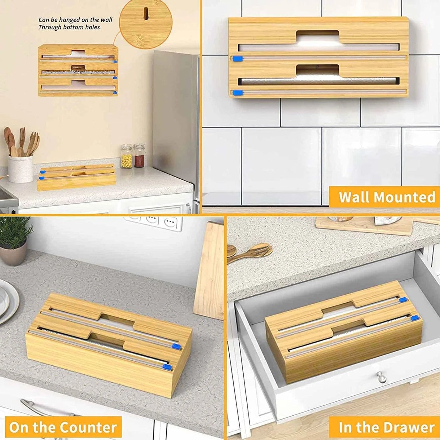 Wrap Dispenser with Cutter and Labels, Plastic Wrap, Aluminum Foil and Wax Paper Dispenser for Kitchen Drawer, Bamboo Roll Organizer Holder