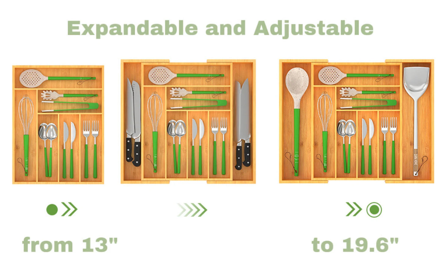 Bamboo Kitchen Drawer Organizer, Large Silverware Tray, Expandable Wooden Cutlery Holder, Adjustable Utensil Organizer (7-9 Slot）