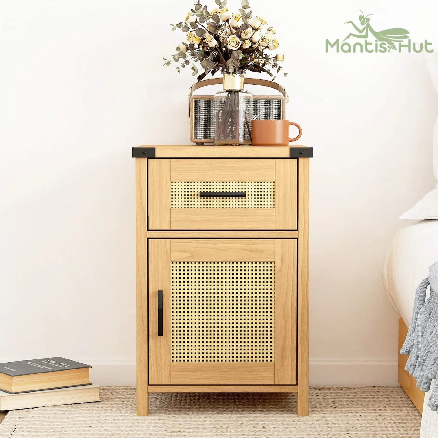 Rattan Nightstand Set of 2, Tall Nightstand with Drawer, Modern Wood End Table, Side Table with Storage, Nightstand for Bedroom