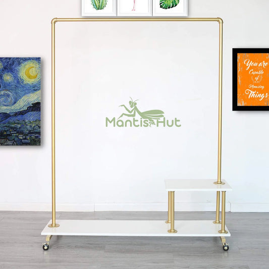 Gold Metal Clothing Rack with Wood Shelf, Heavy Duty Rolling Garment Rack with Wheels for Bedroom Retail Boutique Use