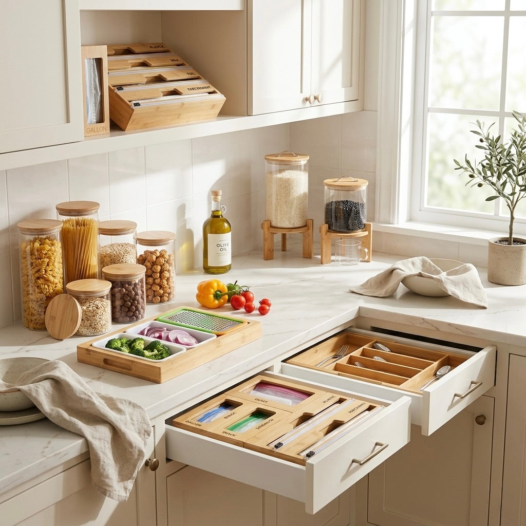 bamboo kitchen organization products in modern luxury kitchen with glass canisters, wrap dispenser, cutting board, and drawer organizers arranged on countertop and inside drawers