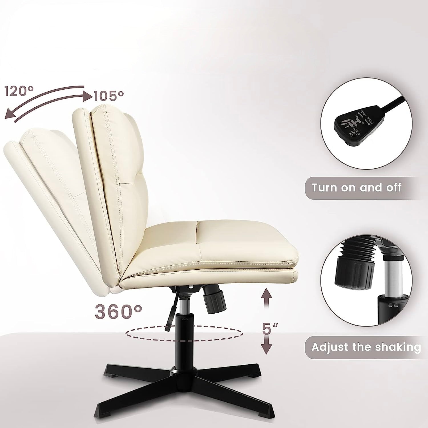 Armless Office Desks Chair with Wheels PU-Padded Vanity Chair Mid-Back Ergonomic Home Office Computer Chair Comfortable Adjustable Swivel Task Chair with Thickened Cushion