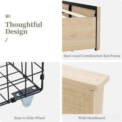 Queen Bed Frame with Natural Rattan Headboard