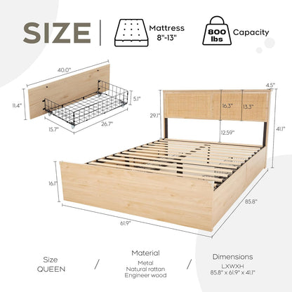 Queen Bed Frame with Natural Rattan Headboard