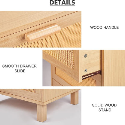 Rattan Dresser, Rattan Chest of Drawers, Closet Storage Oak Drawer Chest for Bedroom, 2 to 6 Rattan Drawers, Rattan Dresser for Bedroom
