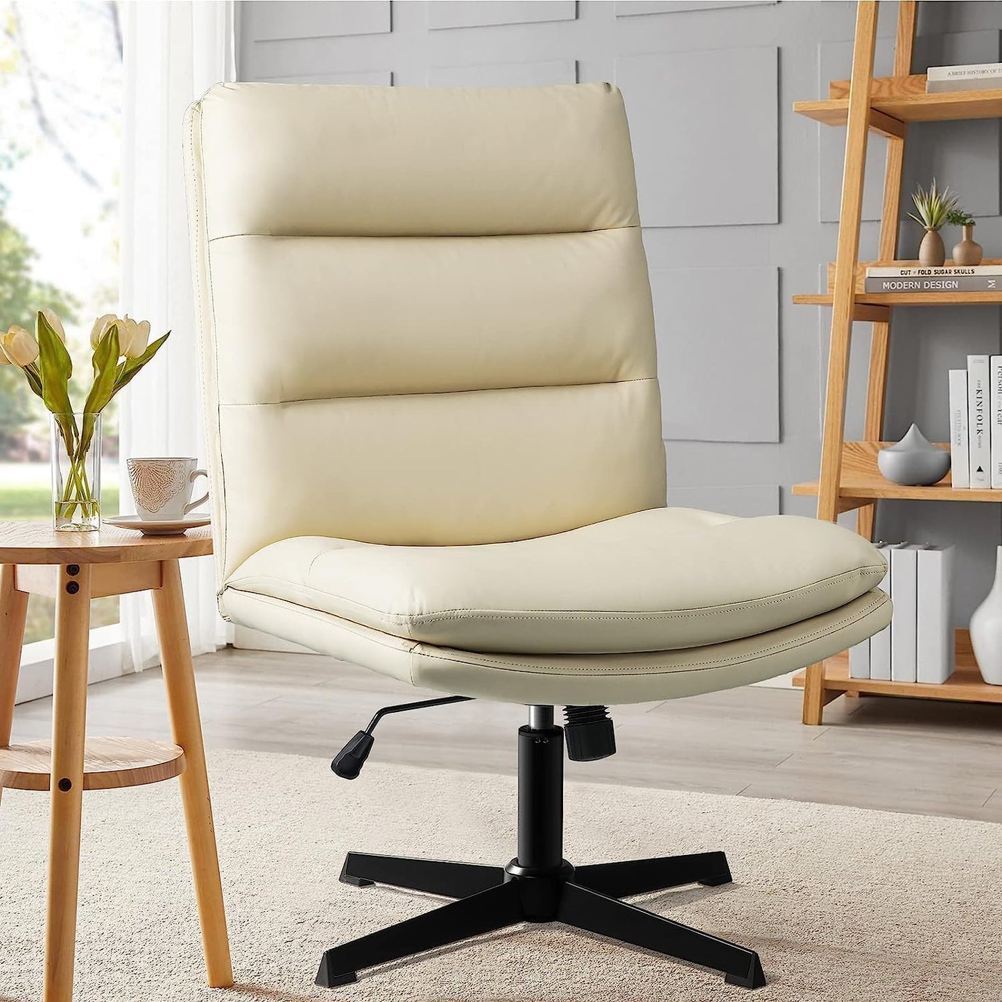 Armless Office Desks Chair with Wheels PU-Padded Vanity Chair Mid-Back Ergonomic Home Office Computer Chair Comfortable Adjustable Swivel Task Chair with Thickened Cushion