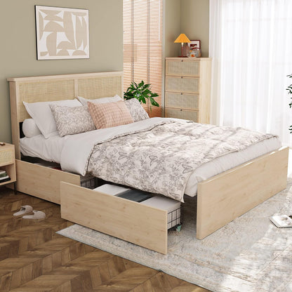 Queen Bed Frame with Natural Rattan Headboard