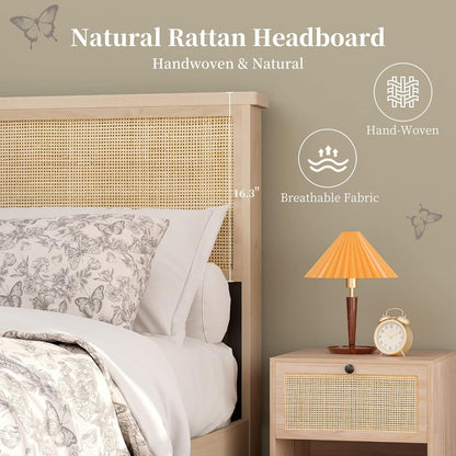 Queen Bed Frame with Natural Rattan Headboard