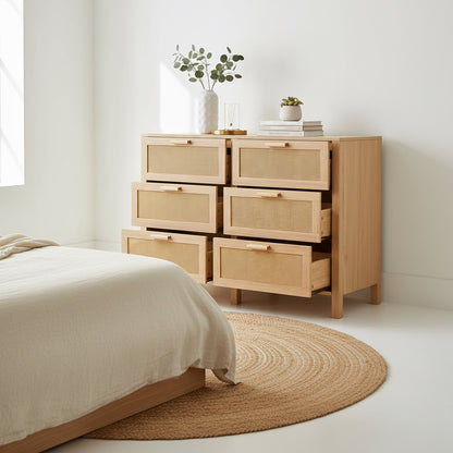 Rattan Dresser, Rattan Chest of Drawers, Closet Storage Oak Drawer Chest for Bedroom, 2 to 6 Rattan Drawers, Rattan Dresser for Bedroom